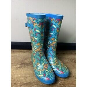 LL Bean Wellie Rain Boots Kids Blue Paisley Girls Size 6 Outdoor